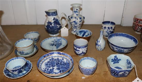 Chinese sparrowbeak jug with twisted rope handle and various other blue and white tea wares, etc (faults)